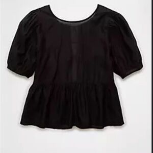 AE Black Peplum Puff-Sleeve Tie Top